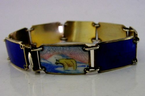 STUNNING NORWEGIAN STERLING SILVER ENAMEL BRACELET C1920 ANTIQUE POLAR BEAR - ADDITIONAL PHOTO 1