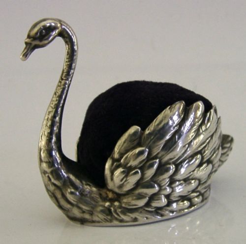beautiful german solid silver swan pin cushion sewing needlework c1900 - CATEGORY: ANTIQUE SILVER - DATED 1900
