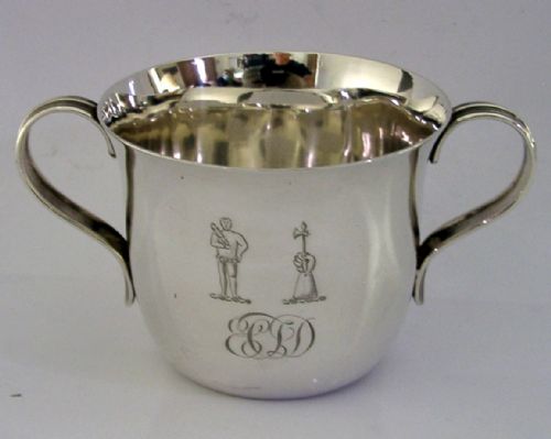 STERLING SILVER CORNEY DRAKE FAMILY CRESTED PORRINGER CUP BOWL 1905 ANTIQUE 136G - ADDITIONAL PHOTO 4