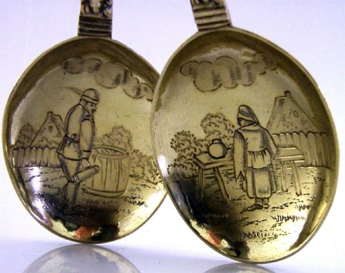 PAIR OF UNUSUAL DUTCH SOLID SILVER GILT APOSTLE SERVING SPOONS BEER SCENES C1890 ANTIQUE - ADDITIONAL PHOTO 1