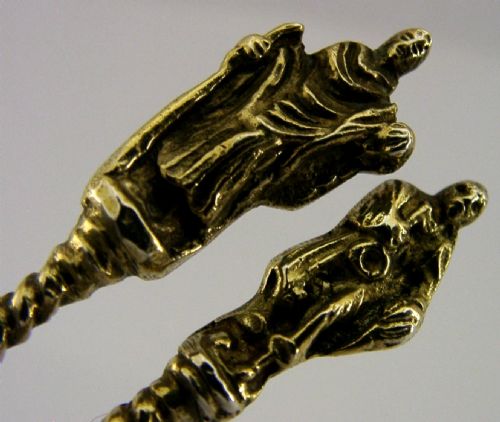 PAIR OF UNUSUAL DUTCH SOLID SILVER GILT APOSTLE SERVING SPOONS BEER SCENES C1890 ANTIQUE - ADDITIONAL PHOTO 2
