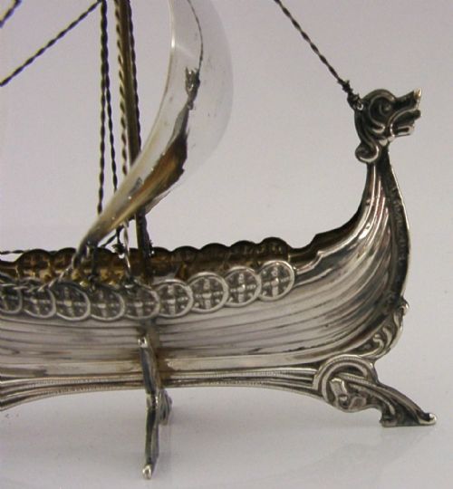 RARE NORWEGIAN SOLID STERLING SILVER VIKING SHIP BOAT C1940 ANTIQUE 45INC - ADDITIONAL PHOTO 1