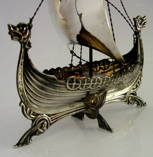 RARE NORWEGIAN SOLID STERLING SILVER VIKING SHIP BOAT C1940 ANTIQUE 45INC - ADDITIONAL PHOTO 2