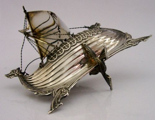 RARE NORWEGIAN SOLID STERLING SILVER VIKING SHIP BOAT C1940 ANTIQUE 45INC - ADDITIONAL PHOTO 4