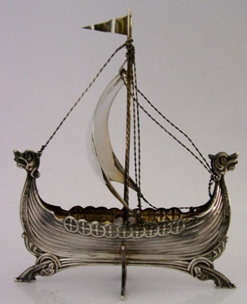 RARE NORWEGIAN SOLID STERLING SILVER VIKING SHIP BOAT C1940 ANTIQUE 45INC