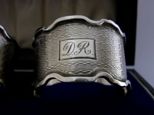 HEAVY 64G ENGLISH BOXED STERLING SILVER NAPKIN RINGS 1921 MINT ENGRAVED DR PR - ADDITIONAL PHOTO 3