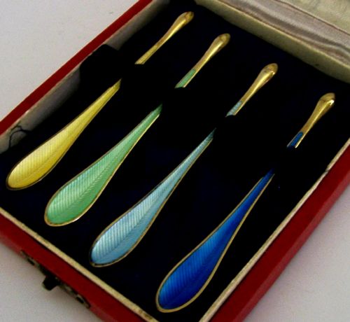 FOUR SUPERB DANISH STERLING SILVER GILT ENAMEL LOBSTER CRAB CAVIAR SCOOPS SPOONS 1960 - ADDITIONAL PHOTO 1