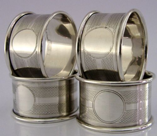 four english solid sterling silver engine turned napkin rings 1921 art deco - CATEGORY: ANTIQUE SILVER - DATED 1920