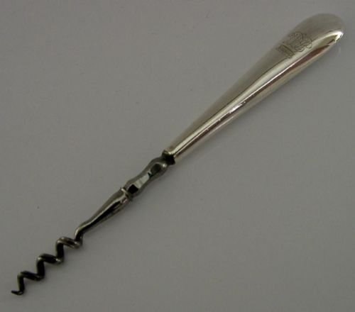 english edwardian solid sterling silver baron engraved corkscrew 1901 antique - CATEGORY: ANTIQUE SILVER - DATED EDWARDIAN