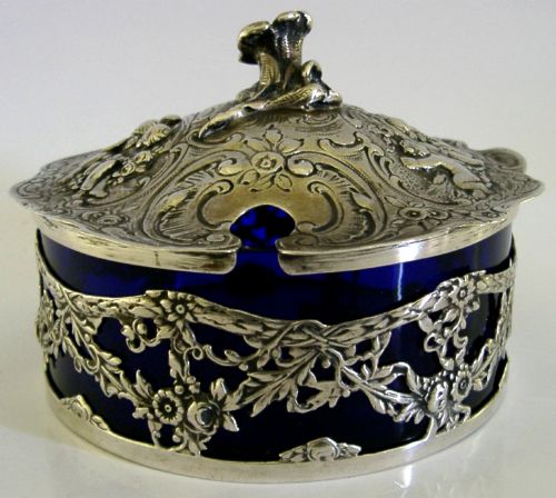 BEAUTIFUL GERMAN SOLID SILVER BLUE GLASS LINED DISH C1900 ANTIQUE 248G CHERUBS - ADDITIONAL PHOTO 1