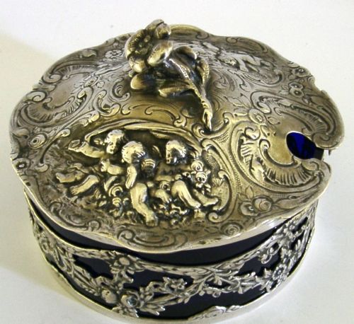 BEAUTIFUL GERMAN SOLID SILVER BLUE GLASS LINED DISH C1900 ANTIQUE 248G CHERUBS - ADDITIONAL PHOTO 2