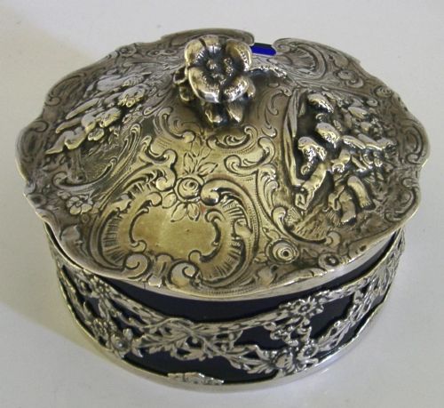 BEAUTIFUL GERMAN SOLID SILVER BLUE GLASS LINED DISH C1900 ANTIQUE 248G CHERUBS - ADDITIONAL PHOTO 4