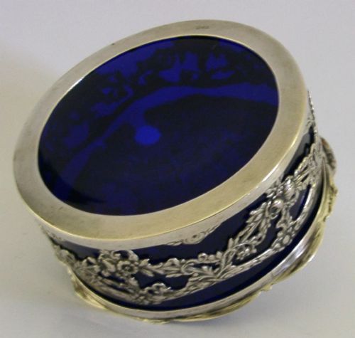 BEAUTIFUL GERMAN SOLID SILVER BLUE GLASS LINED DISH C1900 ANTIQUE 248G CHERUBS - ADDITIONAL PHOTO 7