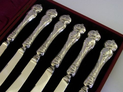 SIX STERLING SILVER HANDLED BUTTER SPREADERS ART NOUVEAU CUTTLERY 1903 CASED - ADDITIONAL PHOTO 1