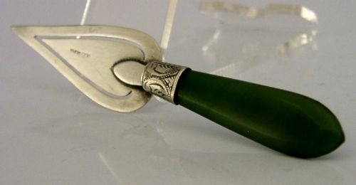 RARE ENGLISH STERLING SILVER NEW ZEALAND JADE TROWEL BOOKMARK PAGE MARKER C1900
