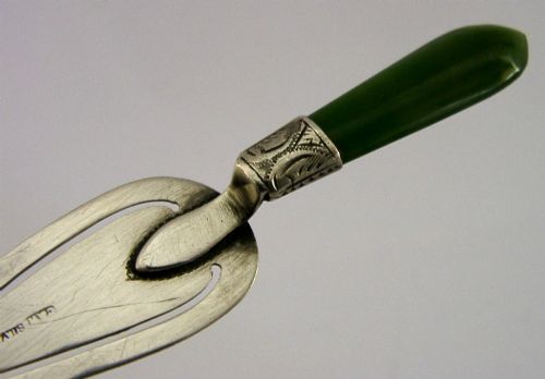 RARE ENGLISH STERLING SILVER NEW ZEALAND JADE TROWEL BOOKMARK PAGE MARKER C1900 - ADDITIONAL PHOTO 1
