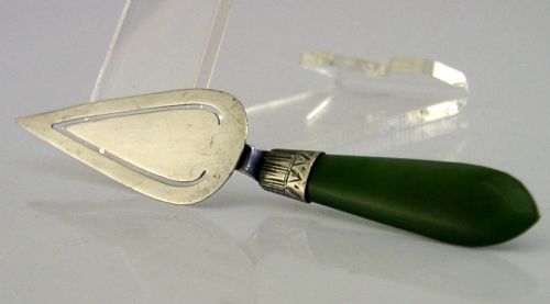 RARE ENGLISH STERLING SILVER NEW ZEALAND JADE TROWEL BOOKMARK PAGE MARKER C1900 - ADDITIONAL PHOTO 3