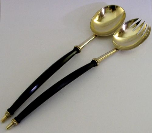 HUGE STUNNING ENGLISH ANTIQUE STERLING SILVER GILT SALAD SERVERS 1880 VICTORIAN