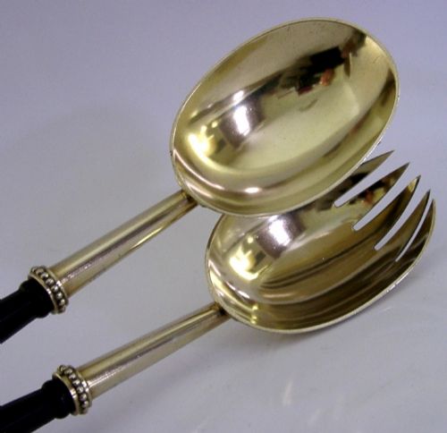 HUGE STUNNING ENGLISH ANTIQUE STERLING SILVER GILT SALAD SERVERS 1880 VICTORIAN - ADDITIONAL PHOTO 1