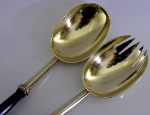 HUGE STUNNING ENGLISH ANTIQUE STERLING SILVER GILT SALAD SERVERS 1880 VICTORIAN - ADDITIONAL PHOTO 2