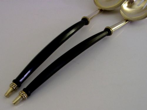 HUGE STUNNING ENGLISH ANTIQUE STERLING SILVER GILT SALAD SERVERS 1880 VICTORIAN - ADDITIONAL PHOTO 3