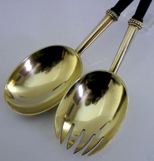 HUGE STUNNING ENGLISH ANTIQUE STERLING SILVER GILT SALAD SERVERS 1880 VICTORIAN - ADDITIONAL PHOTO 4