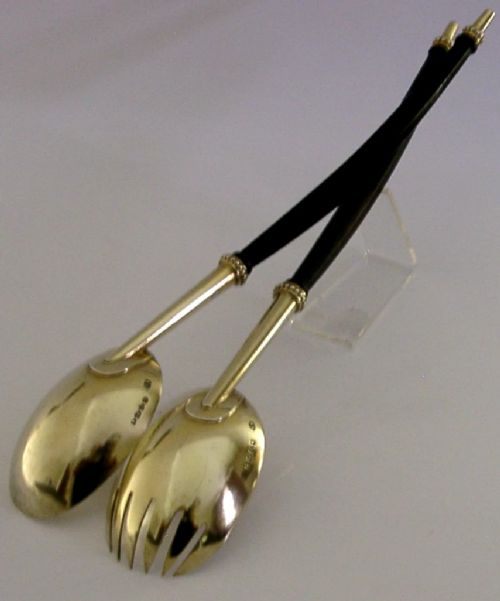 HUGE STUNNING ENGLISH ANTIQUE STERLING SILVER GILT SALAD SERVERS 1880 VICTORIAN - ADDITIONAL PHOTO 5