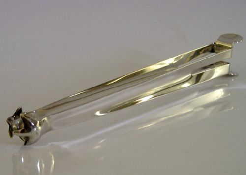 UNUSUAL LONG 50G SQUEEZE ACTION STERLING SILVER ICE TONGS 1909 ANTIQUE BARWARE - ADDITIONAL PHOTO 1