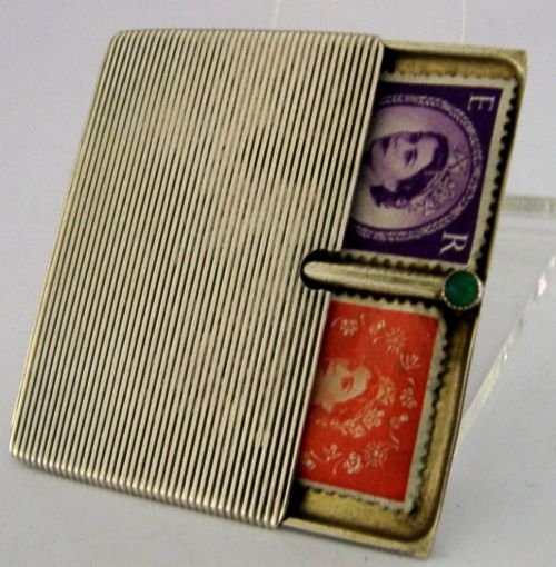 pretty 800 solid silver stamp case holder c1910 green stone set desk antique - CATEGORY: ANTIQUE SILVER - DATED EDWARDIAN