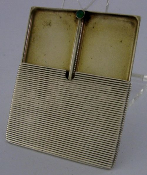 PRETTY 800 SOLID SILVER STAMP CASE HOLDER C1910 GREEN STONE SET DESK ANTIQUE - ADDITIONAL PHOTO 2