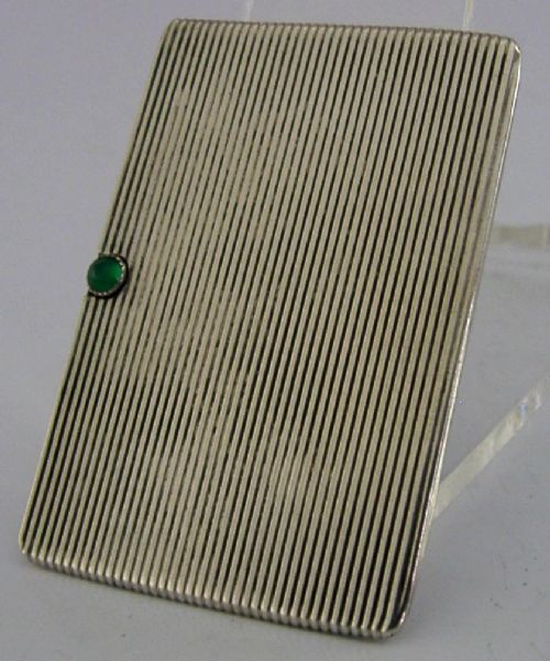 PRETTY 800 SOLID SILVER STAMP CASE HOLDER C1910 GREEN STONE SET DESK ANTIQUE - ADDITIONAL PHOTO 5
