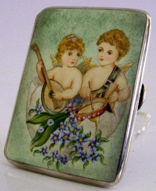 rare sterling silver enamel musical cherubs in egg cigarette case 1921 antique - CATEGORY: ANTIQUE  - DATED 1920