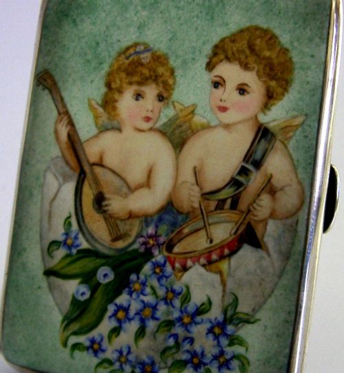 RARE STERLING SILVER ENAMEL MUSICAL CHERUBS IN EGG CIGARETTE CASE 1921 ANTIQUE - ADDITIONAL PHOTO 1