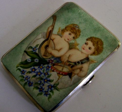 RARE STERLING SILVER ENAMEL MUSICAL CHERUBS IN EGG CIGARETTE CASE 1921 ANTIQUE - ADDITIONAL PHOTO 4