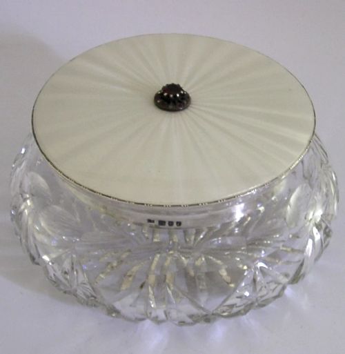 SUPERB VERY LARGE STERLING SILVER CUT GLASS ENAMLLED DRESSING TABLE POT JAR 1964 - ADDITIONAL PHOTO 1