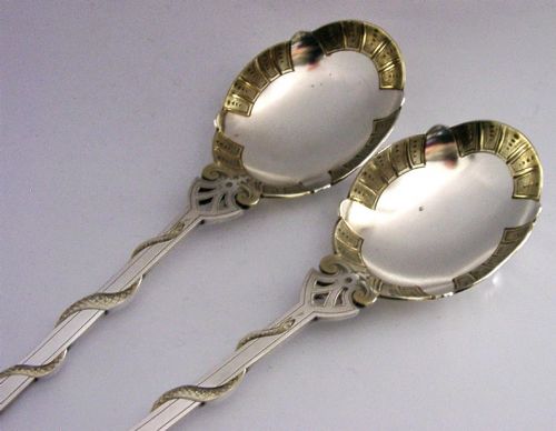 UNUSUAL PAIR OF SILVER PLATED SNAKE SERVING SPOONS C1880 ANTIQUE - ADDITIONAL PHOTO 3