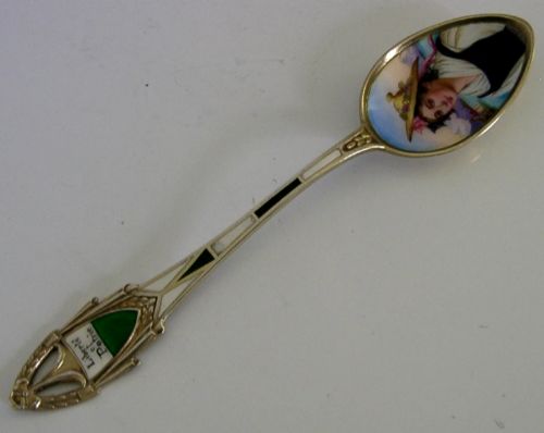 STUNNING SWISS SOLID SILVER ENAMEL PICTURE BOWL SOUVENIR SPOON C1910 ANTIQUE