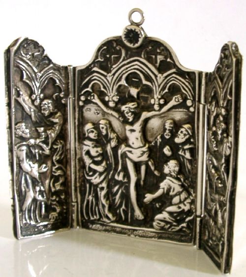 RARE 194G GERMAN HANAU SOLID SILVER TRAVEL CRUCIFIXION TRIPTYCH C1890 RELIGIOUS