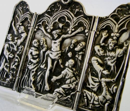 RARE 194G GERMAN HANAU SOLID SILVER TRAVEL CRUCIFIXION TRIPTYCH C1890 RELIGIOUS - ADDITIONAL PHOTO 1