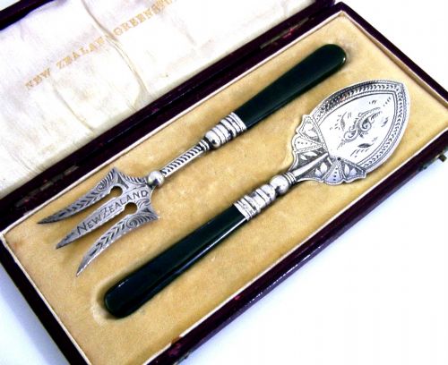 rare new zealand sterling silver jade jam spoon bread or pickle fork c1910 - CATEGORY: ANTIQUE SILVER - DATED 1910