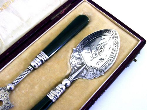 RARE NEW ZEALAND STERLING SILVER JADE JAM SPOON BREAD OR PICKLE FORK C1910 - ADDITIONAL PHOTO 2