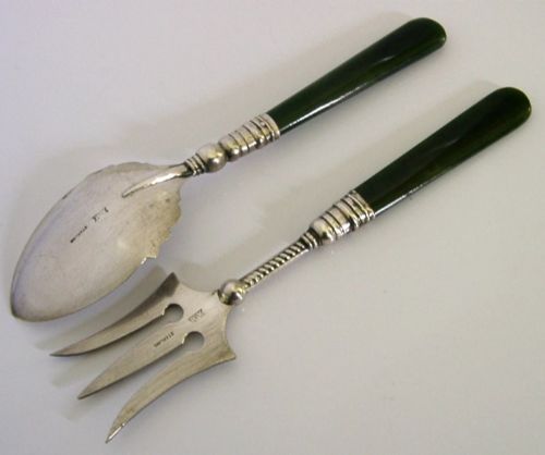 RARE NEW ZEALAND STERLING SILVER JADE JAM SPOON BREAD OR PICKLE FORK C1910 - ADDITIONAL PHOTO 5