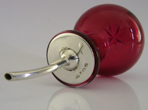 rare sterling silver cranberry glass bitters bottle 1928 antique barware - CATEGORY: ANTIQUE SILVER - DATED 1920