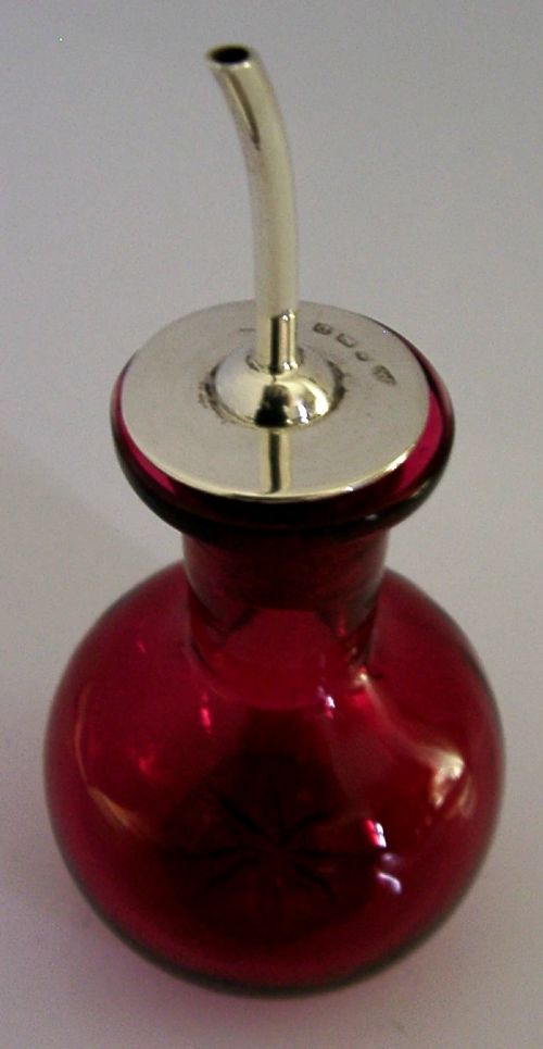 RARE STERLING SILVER CRANBERRY GLASS BITTERS BOTTLE 1928 ANTIQUE BARWARE - ADDITIONAL PHOTO 1