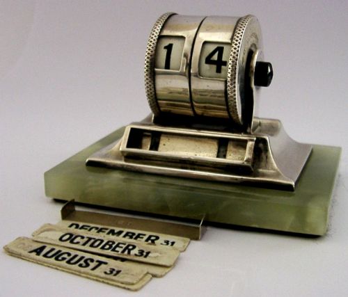 STYLISH STERLING SILVER GREEN ONYX DESK CALENDAR 1931 ART DECO 162G