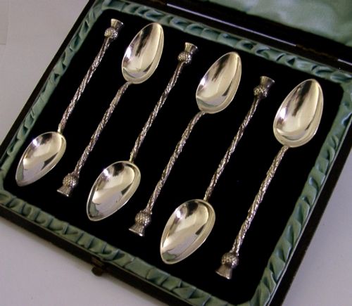 GLASGOW EXHIBITION STERLING SILVER SCOTTISH THISTLE SPOONS 1885 CASED ANTIQUE