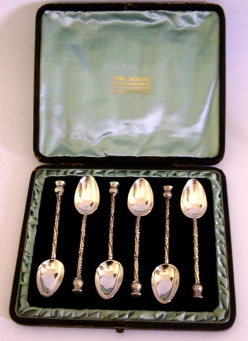 GLASGOW EXHIBITION STERLING SILVER SCOTTISH THISTLE SPOONS 1885 CASED ANTIQUE - ADDITIONAL PHOTO 1