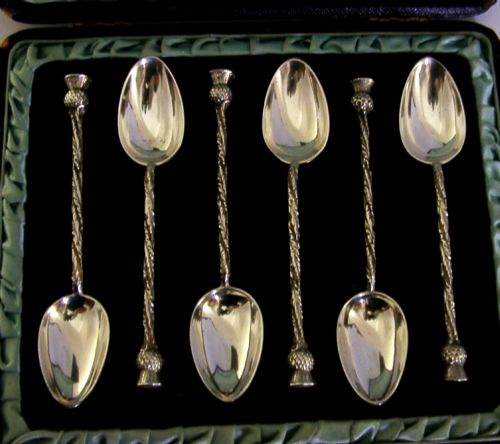 GLASGOW EXHIBITION STERLING SILVER SCOTTISH THISTLE SPOONS 1885 CASED ANTIQUE - ADDITIONAL PHOTO 4