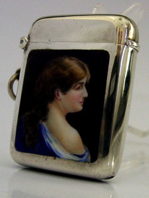 STUNNING STERLING SILVER ENAMEL HAND PAINTED VESTA CASE 1906 ANTIQUE