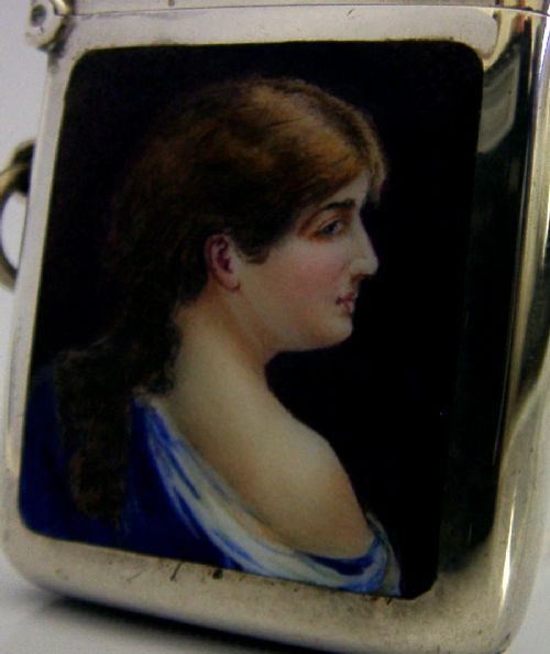 STUNNING STERLING SILVER ENAMEL HAND PAINTED VESTA CASE 1906 ANTIQUE - ADDITIONAL PHOTO 2